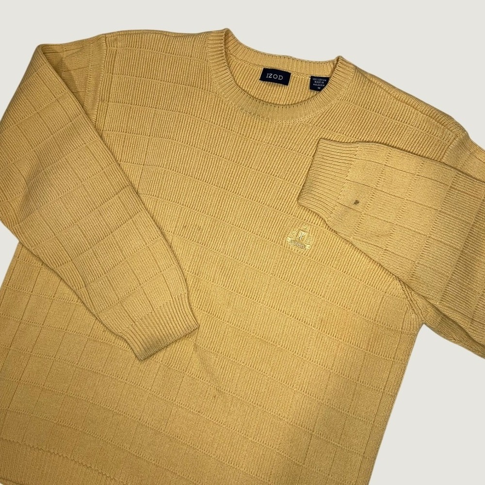 IZOD Mens Yellow Textured Grid Knit Cotton Crewneck Sweater Size M